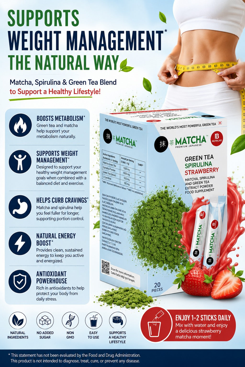 Strawberry Matcha Spirulina & Senna Powder Supplement