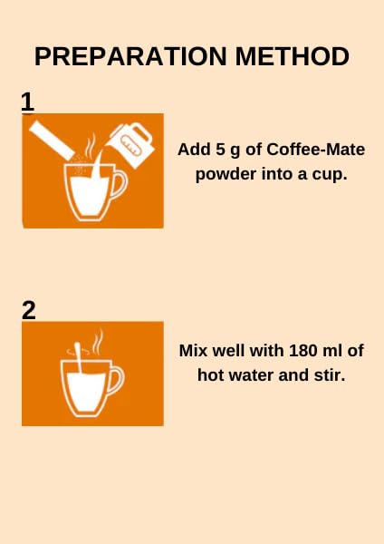 Coffee Mate preparation method - add 5g powder and mix with 180ml hot water